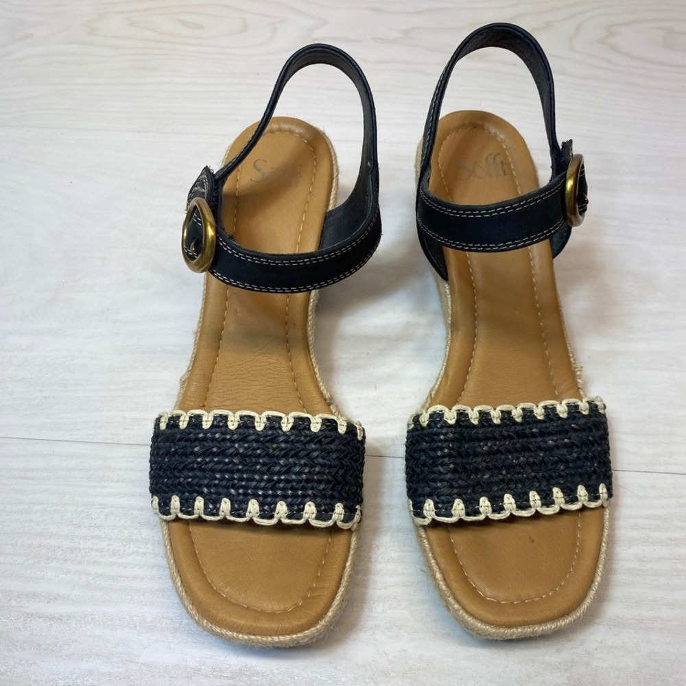 Sofft Inez Womens 10M Espadrille Wedge Sandals Woven Leather Black Jute Boho